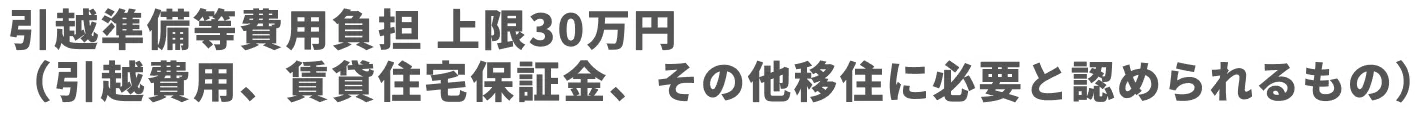 引越準備等費用負担 上限30万円 <br />
                      （引越費用、賃貸住宅保証金、その他移住に必要と認められるもの）